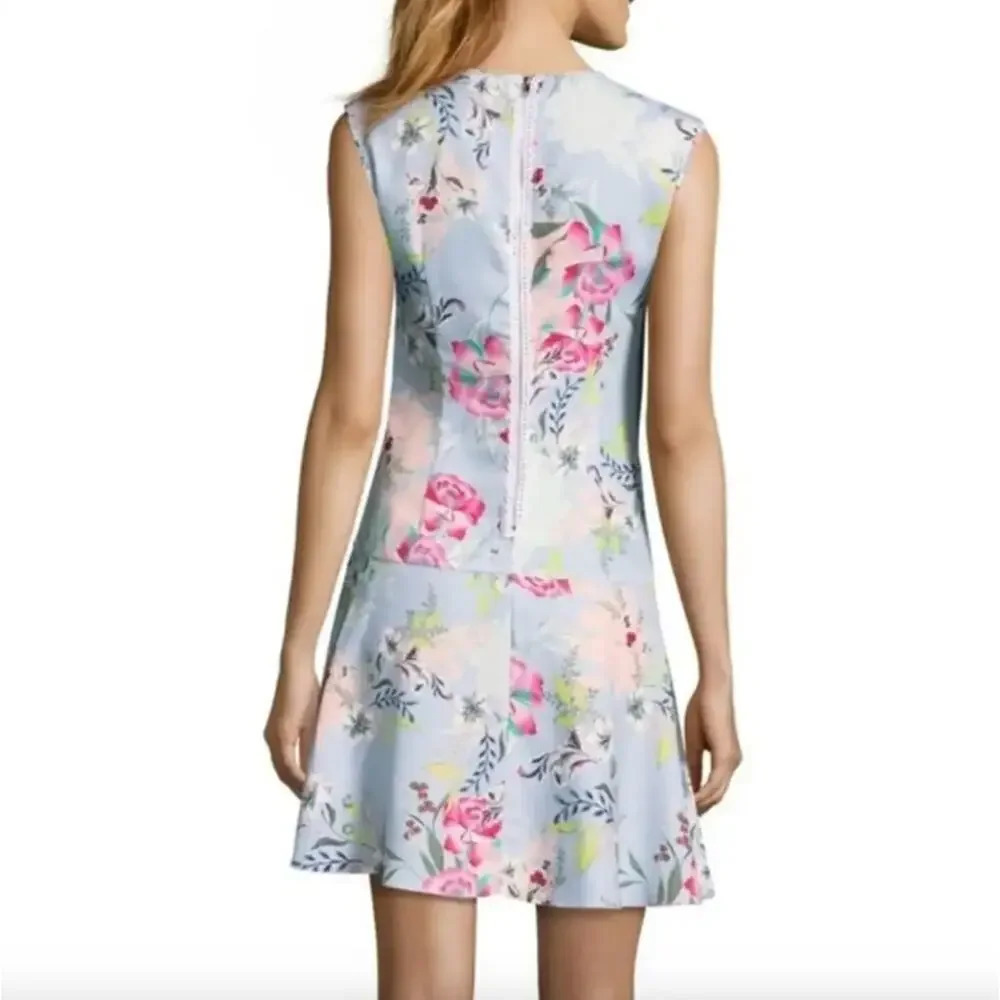 Nicole Miller Light Blue Floral Sleeveless Swing Drop Waist Dress Size 6 - Picture 7 of 12